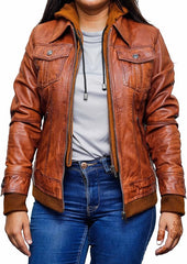 Women’s Brown Removable Hood Bomber Jacket