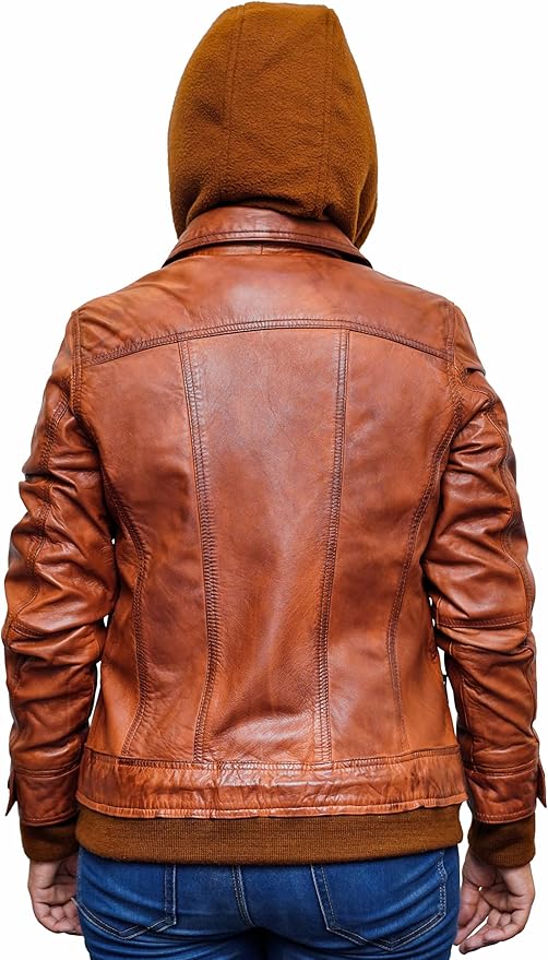 Women’s Brown Removable Hood Bomber Jacket