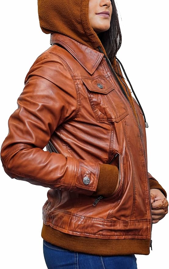 Women’s Brown Removable Hood Bomber Jacket