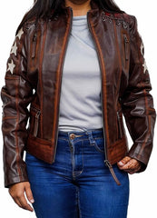 Women’s Stars and Stripes Dark Brown Moto Jacket