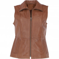 Women Genuine Leather Tan Gilet