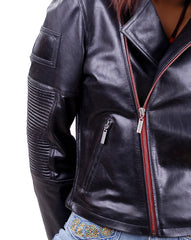 Women's Zip Detail Real Leather Moto Quilted Jacket