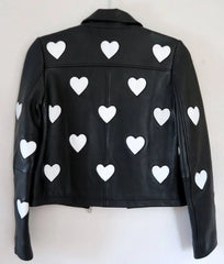 Women's Black Leather Jacket With Hearts