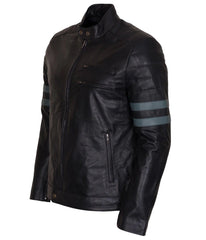 Men's Black Leather Jacket with Grey Stripes