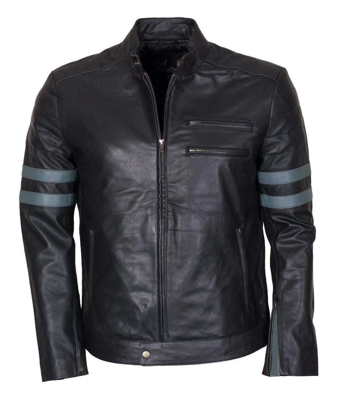 Men's Black Leather Jacket with Grey Stripes