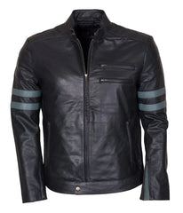 Men's Black Leather Jacket with Grey Stripes