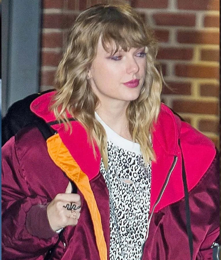 Taylor Swift Oversized Bomber Hooded Burgundy Jacket