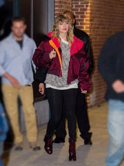 Taylor Swift Oversized Bomber Hooded Burgundy Jacket