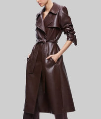 Sydney Sweeney Maroon Faux Leather Long Coat