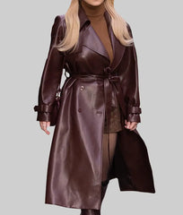 Sydney Sweeney Maroon Faux Leather Long Coat