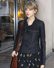 Taylor Swift Street Style Real Leather Black Jacket